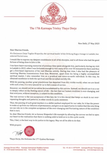 Letter by Thaye Dorje, His Holiness the 17th Karmapa, on the parinirvana of His Eminence Togdan Rinpoche, in English
