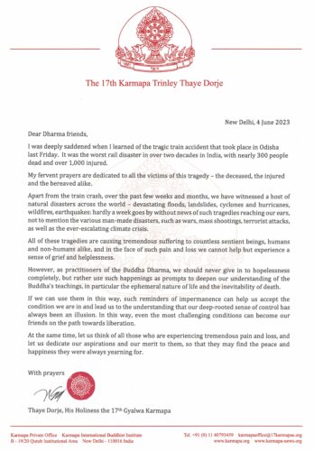 Letter from Thaye Dorje, His Holiness the 17th Gyalwa Karmapa, on the rail disaster in Odisha, India