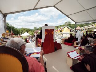 Thaye Dorje, His Holiness the 17th Gyalwa Karmapa, visits Dhagpo Kagyu Ling in France, 2023. Photo: Tokpa Korlo.