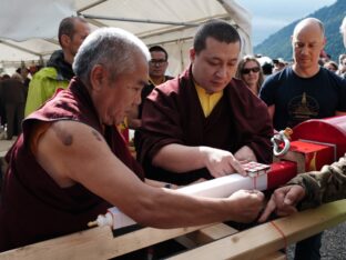 Thaye Dorje, His Holiness the 17th Gyalwa Karmapa, visits the Europe Center as part of his European tour, Aug 2023. Photo: Tokpa Korlo.