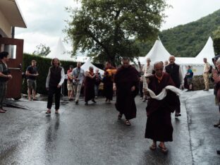 Thaye Dorje, His Holiness the 17th Gyalwa Karmapa, visits Montchardon on his European tour, 2023. Photo: Tokpa Korlo.