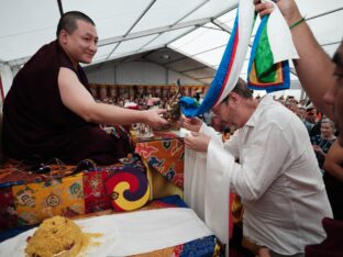 Thaye Dorje, His Holiness the 17th Gyalwa Karmapa, visits Montchardon on his European tour, 2023. Photo: Tokpa Korlo.