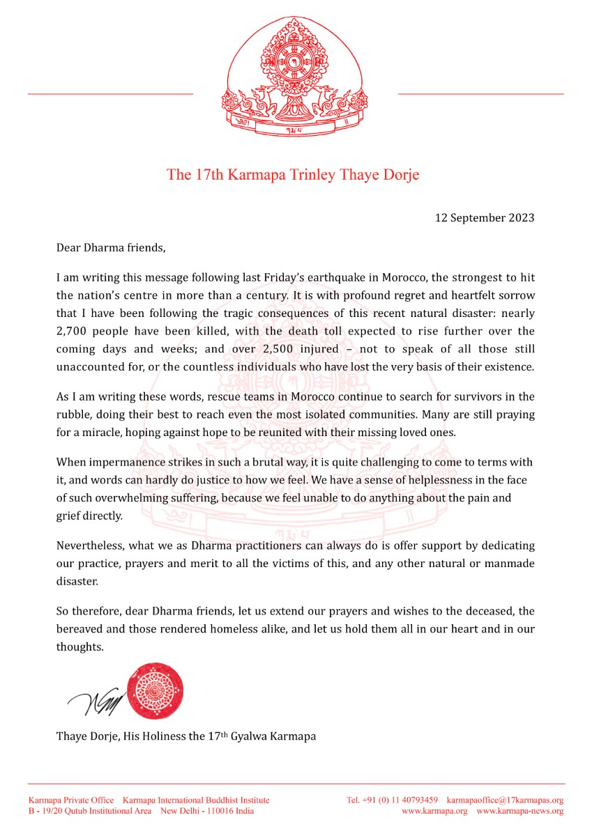 Letter from Thaye Dorje, His Holiness the 17th Gyalwa Karmapa, on the earthquake in Morocco