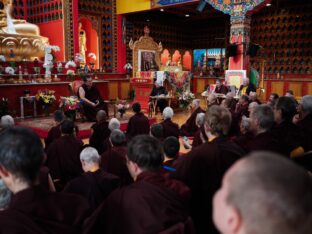 Thaye Dorje, His Holiness the 17th Karmapa, visits Dhagpo Kundrol Ling in France, 2023. Photo: Tokpa Korlo