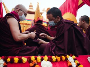 Thaye Dorje, His Holiness the 17th Gyalwa Karmapa, receives the Kudung of his father, the eminent spiritual master His Eminence the 3rd Jamgon Ju Mipham Namgyal Gyatso Tshojung Gyepe Dorje, at the Karmapa International Buddhist Institute in New Delhi. Photo: Tokpa Korlo.