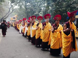Thaye Dorje, His Holiness the 17th Gyalwa Karmapa, receives the Kudung of his father, the eminent spiritual master His Eminence the 3rd Jamgon Ju Mipham Namgyal Gyatso Tshojung Gyepe Dorje, at the Karmapa International Buddhist Institute in New Delhi. Photo: Tokpa Korlo.