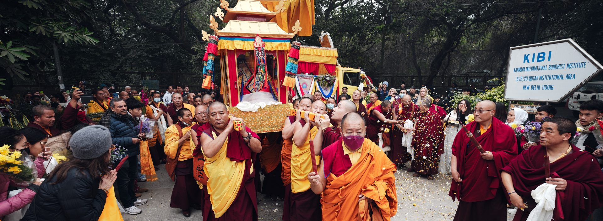 Thaye Dorje, His Holiness the 17th Gyalwa Karmapa, receives the Kudung of his father, the eminent spiritual master His Eminence the 3rd Jamgon Ju Mipham Namgyal Gyatso Tshojung Gyepe Dorje, at the Karmapa International Buddhist Institute in New Delhi. Photo: Tokpa Korlo.
