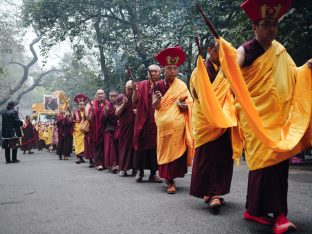 Thaye Dorje, His Holiness the 17th Gyalwa Karmapa, receives the Kudung of his father, the eminent spiritual master His Eminence the 3rd Jamgon Ju Mipham Namgyal Gyatso Tshojung Gyepe Dorje, at the Karmapa International Buddhist Institute in New Delhi. Photo: Tokpa Korlo.