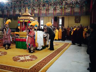 Thaye Dorje, His Holiness the 17th Gyalwa Karmapa, receives the Kudung of his father, the eminent spiritual master His Eminence the 3rd Jamgon Ju Mipham Namgyal Gyatso Tshojung Gyepe Dorje, at the Karmapa International Buddhist Institute in New Delhi. Photo: Tokpa Korlo.