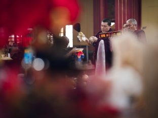 Thaye Dorje, His Holiness the 17th Gyalwa Karmapa, receives the Kudung of his father, the eminent spiritual master His Eminence the 3rd Jamgon Ju Mipham Namgyal Gyatso Tshojung Gyepe Dorje, at the Karmapa International Buddhist Institute in New Delhi. Photo: Tokpa Korlo.