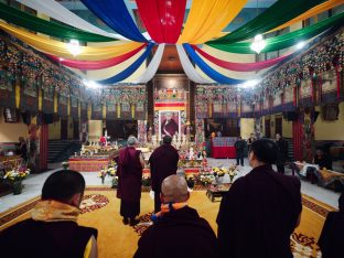 Thaye Dorje, His Holiness the 17th Gyalwa Karmapa, receives the Kudung of his father, the eminent spiritual master His Eminence the 3rd Jamgon Ju Mipham Namgyal Gyatso Tshojung Gyepe Dorje, at the Karmapa International Buddhist Institute in New Delhi. Photo: Tokpa Korlo.