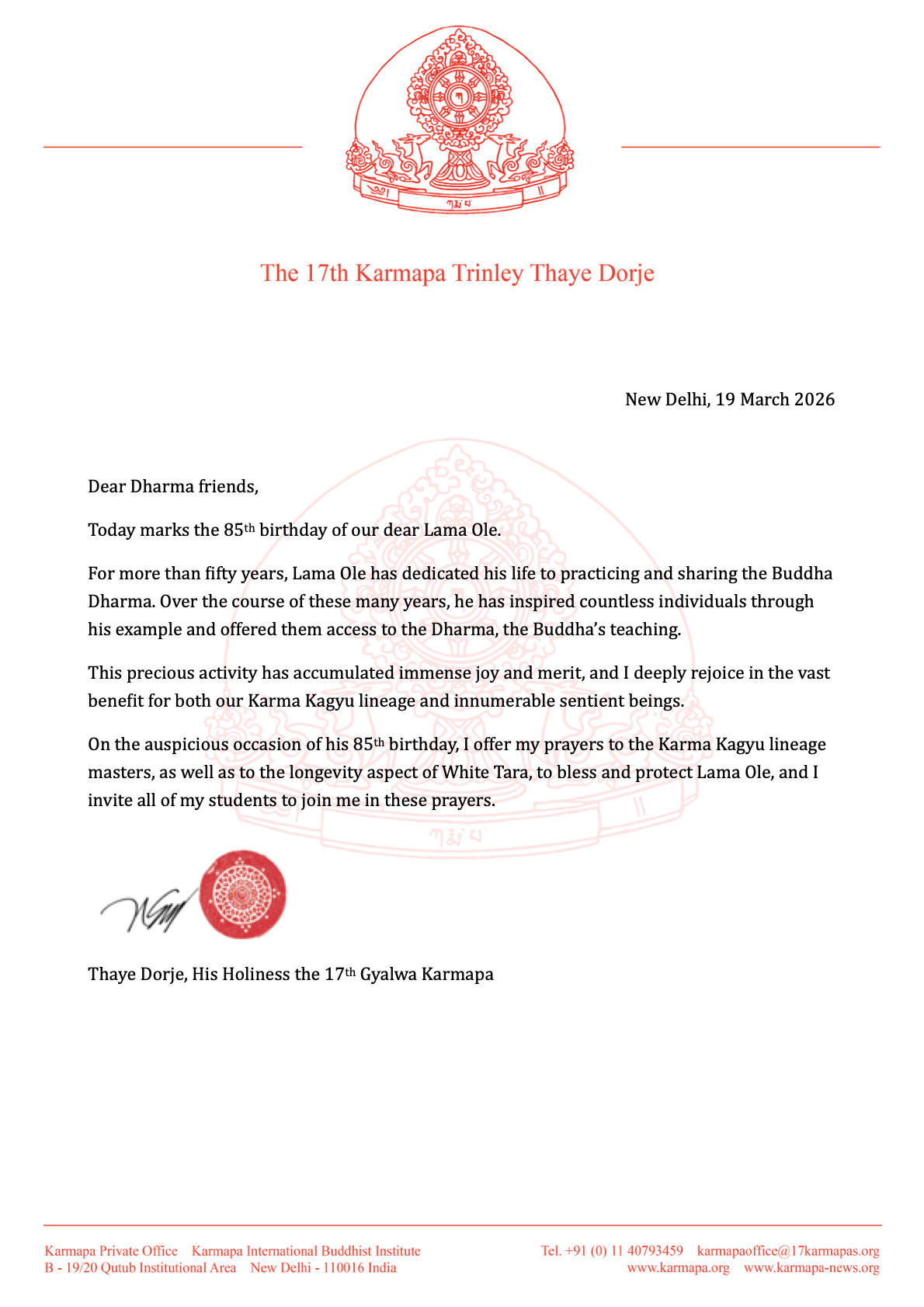 Karmapa’s message for Lama Ole’s 85th birthday