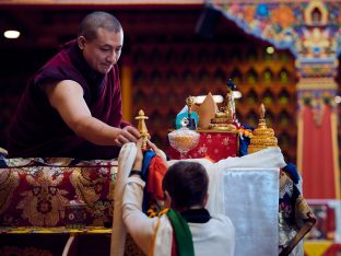 Thaye Dorje, His Holiness the 17th Gyalwa Karmapa, Sangyumla and Thugseyla at Dhagpo Kundreul Ling in Le Bost, France. Photo / Tokpa Korlo