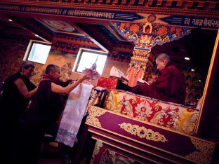 Thaye Dorje, His Holiness the 17th Gyalwa Karmapa, Sangyumla and Thugseyla at Dhagpo Kundreul Ling in Le Bost, France. Photo / Tokpa Korlo