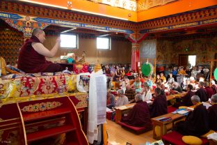 Thaye Dorje, His Holiness the 17th Gyalwa Karmapa, Sangyumla and Thugseyla at Dhagpo Kundreul Ling in Le Bost, France. Photo / Thule Jug