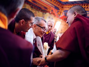 Thaye Dorje, His Holiness the 17th Gyalwa Karmapa, Sangyumla and Thugseyla at Dhagpo Kundreul Ling in Le Bost, France. Photo / Tokpa Korlo