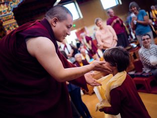 Thaye Dorje, His Holiness the 17th Gyalwa Karmapa, Sangyumla and Thugseyla at Dhagpo Kundreul Ling in Le Bost, France. Photo / Tokpa Korlo