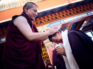 Thaye Dorje, His Holiness the 17th Gyalwa Karmapa, Sangyumla and Thugseyla at Dhagpo Kundreul Ling in Le Bost, France. Photo / Tokpa Korlo