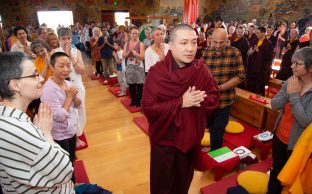 Thaye Dorje, His Holiness the 17th Gyalwa Karmapa, Sangyumla and Thugseyla at Dhagpo Kundreul Ling in Le Bost, France. Photo / Thule Jug