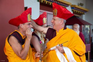 Thaye Dorje, His Holiness the 17th Gyalwa Karmapa, Sangyumla and Thugseyla at Dhagpo Kundreul Ling in Le Bost, France. Photo / Thule Jug