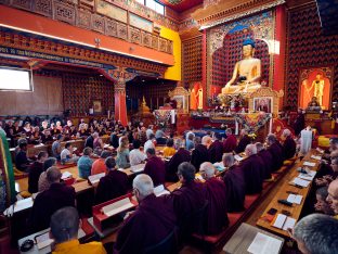 Thaye Dorje, His Holiness the 17th Gyalwa Karmapa, Sangyumla and Thugseyla at Dhagpo Kundreul Ling in Le Bost, France. Photo / Tokpa Korlo