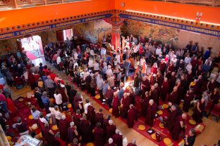 Thaye Dorje, His Holiness the 17th Gyalwa Karmapa, Sangyumla and Thugseyla at Dhagpo Kundreul Ling in Le Bost, France