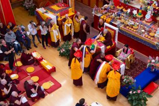 Thaye Dorje, His Holiness the 17th Gyalwa Karmapa, Sangyumla and Thugseyla at Dhagpo Kundreul Ling in Le Bost, France