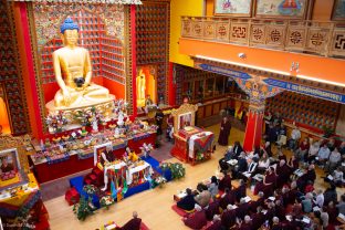 Thaye Dorje, His Holiness the 17th Gyalwa Karmapa, Sangyumla and Thugseyla at Dhagpo Kundreul Ling in Le Bost, France