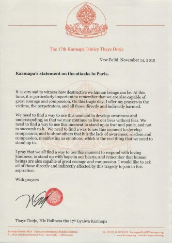 Statement on the attacks in Paris by Thaye Dorje, His Holiness the 17th Gyalwa Karmapa