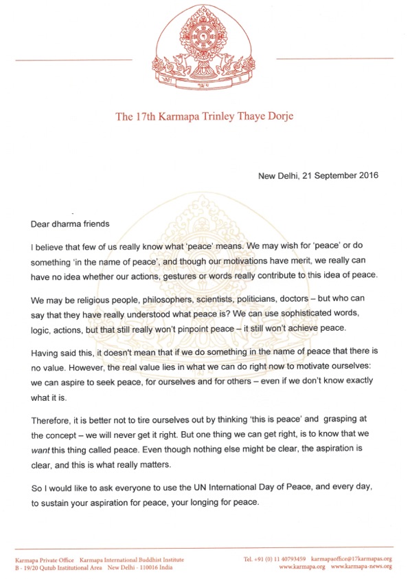 Message from Thaye Dorje, His Holiness the 17th Gyalwa Karmapa, for International Peace Day  2016, page 1