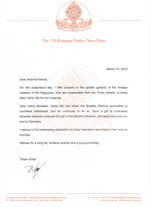 Letter from Thaye Dorje, His Holiness the 17th Karmapa, for Lama Ole Nydahl's birthday 2016