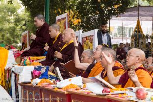 Making offerings at the Kagyu Monlam, led by Thaye Dorje, His Holiness the 17th Gyalwa Karmapa, in Bodh Gaya