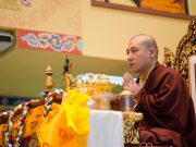 Thaye Dorje, His Holiness the 17th Gyalwa Karmapa, leading the Amitabha puja in Malaysia 2016. Photo / Magda Jungowska