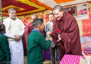 Thaye Dorje, His Holiness the 17th Gyalwa Karmapa, visits children at the Bodhi Tree School near Bodh Gaya