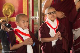 Thaye Dorje, His Holiness the 17th Gyalwa Karmapa, enthrones two tulkus (reincarnated masters) at the Kagyu Monlam in Bodh Gaya, December 2017