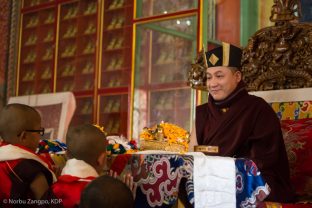 Thaye Dorje, His Holiness the 17th Gyalwa Karmapa, enthrones two tulkus (reincarnated masters) at the Kagyu Monlam in Bodh Gaya, December 2017