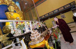 Thaye Dorje, His Holiness the 17th Gyalwa Karmapa, in front of the Buddha statue at KIBI. Photo / Norbu Zangpo