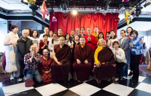 Thaye Dorje, His Holiness the 17th Gyalwa Karmapa, His Eminence 4th Jamgon Kongtrul Rinpoche and His Eminence Beru Khyentse Rinpoche, together with students at a traditional fish release ceremony in Hong Kong