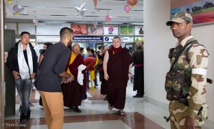 Thaye Dorje, His Holiness the 17th Gyalwa Karmapa, arrives at Gaya airport with Jigme Rinpoche, Karmapa's General Secretary, on the way to Bodh Gaya for the 2018 Kagyu Monlam