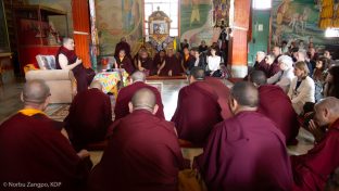 Thaye Dorje, His Holiness the 17th Gyalwa Karmapa, presides over the final session of the Fourth International Karma Kagyu Meeting, Bodh Gaya, December 2018