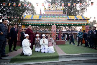 Day one of the Kagyu Monlam, Bodh Gaya, December 2018. His Eminence Beru Khyentse Rinpoche awaits the arrival of Thaye Dorje, His Holiness the 17th Gyalwa Karmapa