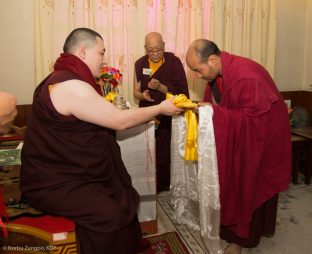 Many groups have an audience with Thaye Dorje, His Holiness the 17th Gyalwa Karmapa, at the Kagyu Monlam in Bodh Gaya, December 2018. In the background is Solponla Tsultrim Namgyal, Karmapa's Senior Attendant