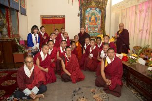 Group photo with Thaye Dorje, His Holiness the 17th Gyalwa Karmapa, at the Kagyu Monlam in Bodh Gaya, December 2018. In the background is Solponla Tsultrim Namgyal, Karmapa's Senior Attendant