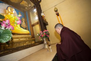 Thaye Dorje, His Holiness the 17th Gyalwa Karmapa, pays respect to the statue of the historical Buddha at the Kagyu Monlam in Bodh Gaya