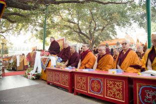 Thaye Dorje, His Holiness the 17th Gyalwa Karmapa, leads prayers at the Kagyu Monlam in Bodh Gaya, December 2018