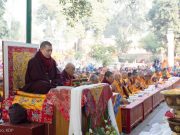 Thaye Dorje, His Holiness the 17th Gyalwa Karmapa, leads prayers at the Kagyu Monlam, Bodh Gaya, December 2018