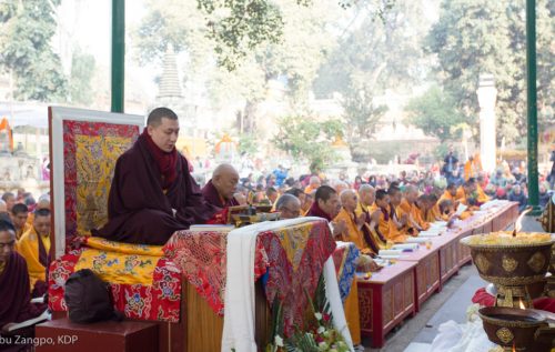 Thaye Dorje, His Holiness the 17th Gyalwa Karmapa, leads prayers at the Kagyu Monlam, Bodh Gaya, December 2018