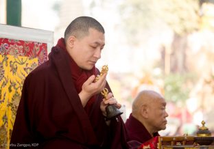 Thaye Dorje, His Holiness the 17th Gyalwa Karmapa, leads prayers at the Kagyu Monlam, Bodh Gaya, December 2018