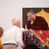 Traditional welcome ceremony for Thaye Dorje, His Holiness the 17th Gyalwa Karmapa, and Thugseyla at the Europe Center in Germany.