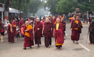 Thaye Dorje, His Holiness the 17th Gyalwa Karmapa, presides over prayers on the opening day of the Kagyu Monlam in Bodh Gaya, India, in December 2019 (Photo/Norbu Zangpo)